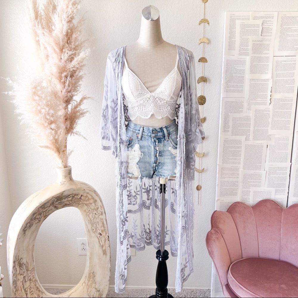 POL Grey Bohemian See Through Lace Kimono Coverup
